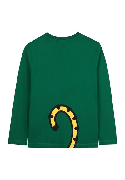 Chemise verte à manches longues avec un col rond, dotée d'un design de queue jaune et noir dans le dos, fabriquée en coton doux.