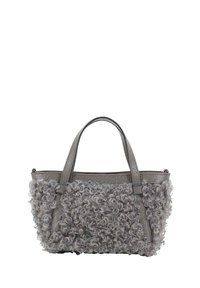 Gray handbag featuring a textured, curly fur-like material on the body, with smooth leather accents and two shoulder straps.