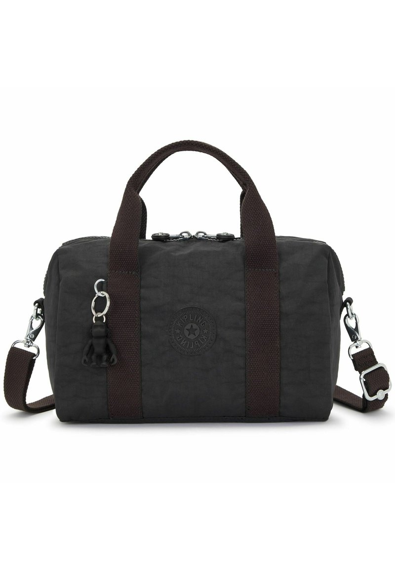 Black fabric handbag featuring brown webbing handles and shoulder strap, zip closure, and a textured finish with a logo patch and keychain detail.
