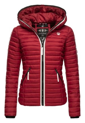 Red puffer jacket with horizontal quilted design, hood, black zipper, and two side pockets. Features black and white accents.
