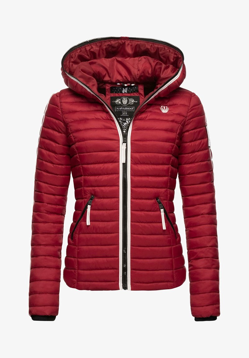 Red puffer jacket with horizontal quilted design, hood, black zipper, and two side pockets. Features black and white accents.