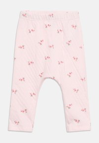 Ροζ παντελόνια για μωρά με μικρά κόκκινα τριαντάφυλλα και πράσινα φύλλα, με ελαστική μέση και ίσιο κόψιμο στο πόδι.