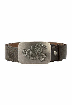 Leren riem met een gebarsten bruine textuur, voorzien van een zilverkleurige metalen gesp met een reliëf van een draak ontwerp.