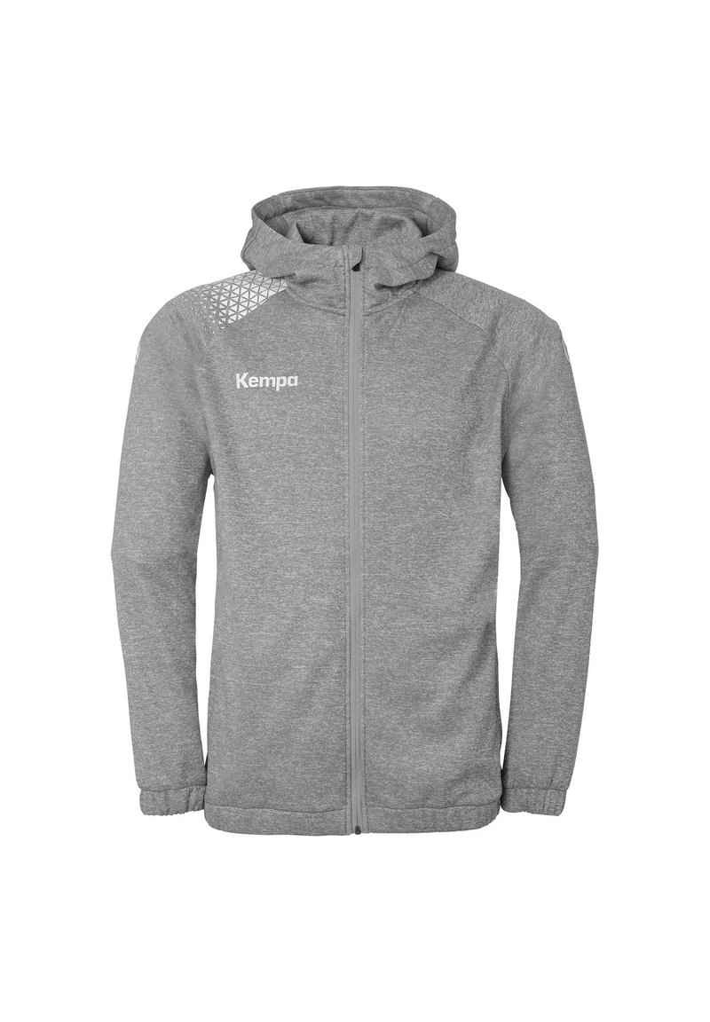 Grijze zip-up jas van zacht materiaal. Heeft een capuchon, elastische manchetten en een geometrisch patroon op één schouder. Kempa-logo op de borst.