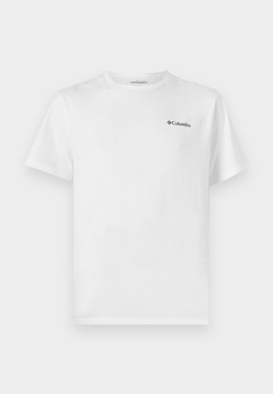 White cotton t-shirt with short sleeves, round neck, featuring a small black Columbia logo on the left chest area.