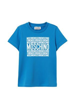 Maglietta a maniche corte di un blu brillante con motivo a testo ripetuto "MOSCHINO" bianco al centro sul davanti e etichetta Moschino all'interno del colletto.