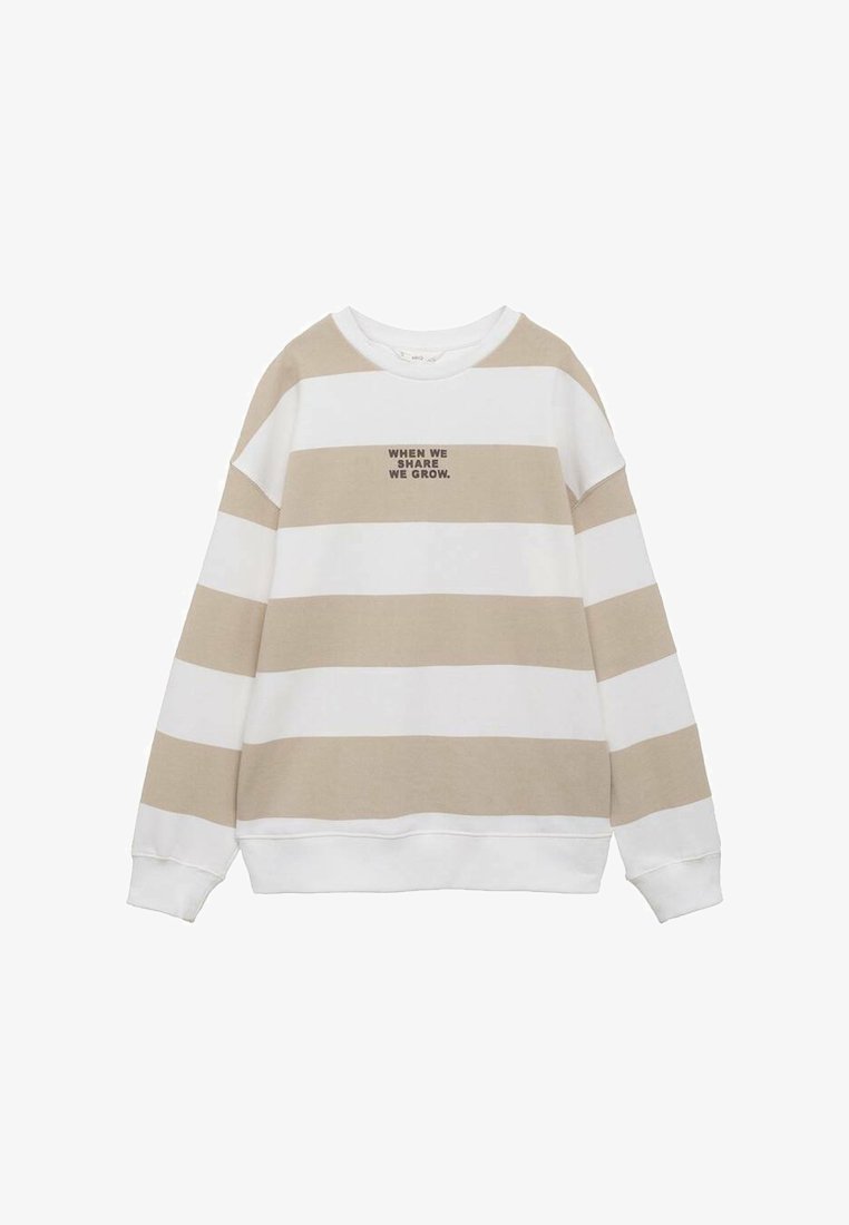 Pulover s poudarcem v kremnih in bež črtah z okroglim izrezom, v sredini s tekstom "KO DELIMO, RASTEMO". Mehka tkanina, sproščen kroj.