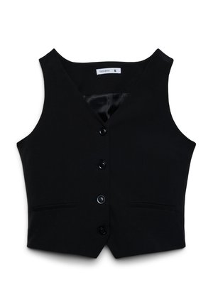 Gilet nero con scollo a V, chiusura frontale con bottoni e due tasche laterali. Realizzato in tessuto liscio con fodera in raso. Taglia S.