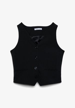 Gilet nero con scollo a V, chiusura frontale con bottoni e due tasche laterali. Realizzato in tessuto liscio con fodera in raso. Taglia S.