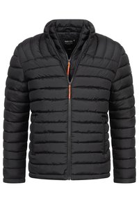 Schwarze, gepolsterte Jacke mit gestepptem Design, hohem Kragen und orangen Reißverschlussdetails. Verfügt über Reißverschluss-Taschen und eine schlanke, taillierte Form.