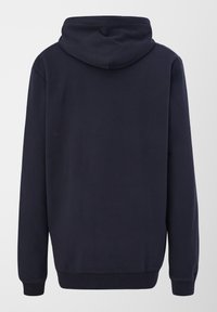 Mörk marinblå huvtröja i mjukt tyg, med långa ärmar, en känguruficka och ribbad manschett och fåll.