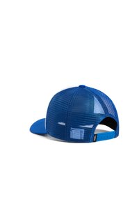 Blue cap with a solid front and breathable mesh back. Features a curved peak and adjustable snap closure. Textured fabric with ventilation.