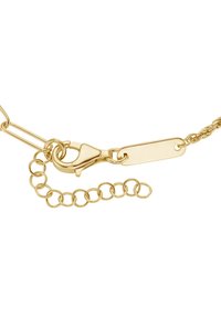 Gold-colored metal chain with a lobster clasp and a rectangular tag. Features circular links and a small adjustable chain. Smooth finish.