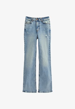 Lichtblauwe wijde jeans van denim met versleten details, vijf zakken en een knoopsluiting, met rafelige zoom.