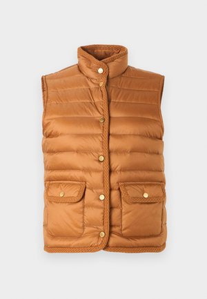 Soojas pruunis toonis puffervest, millel on kõrge krae, klõpsnööbid ja kaks esimest taskut. Servadel on tekstuurse õmblusega detailid.