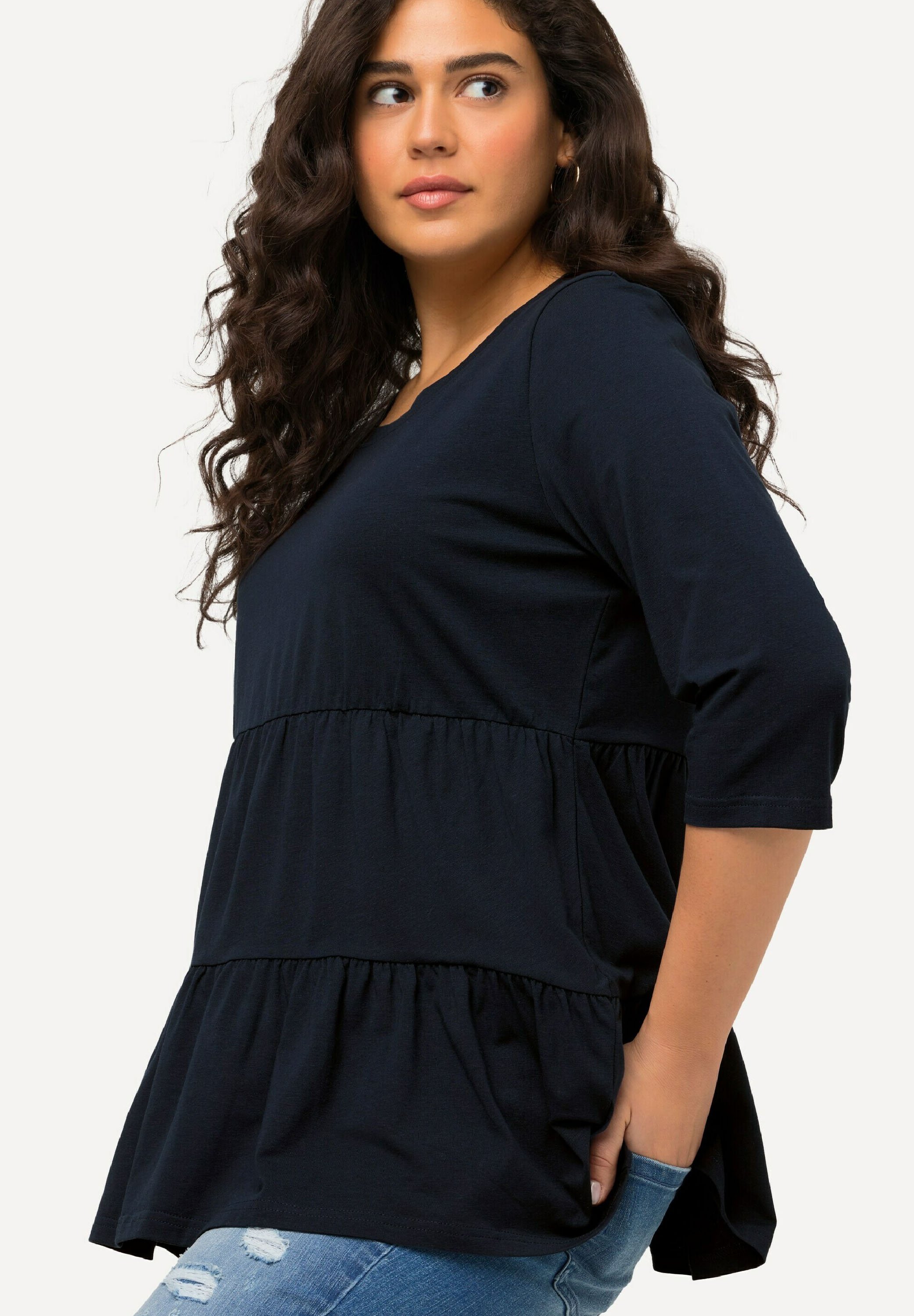 Ulla Popken Damen Blusenshirt Aus Musselin – Mit Volantärmeln, A-Linie, Spitzen-Details, Bequemer Schnitt