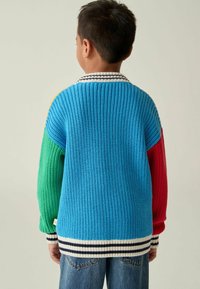 Mehrfarbiger Strickpullover mit blauem Körper, grünen, roten und orangefarbenen Ärmeln, gestreiftem Kragen sowie gerippten Bündchen und Saum.