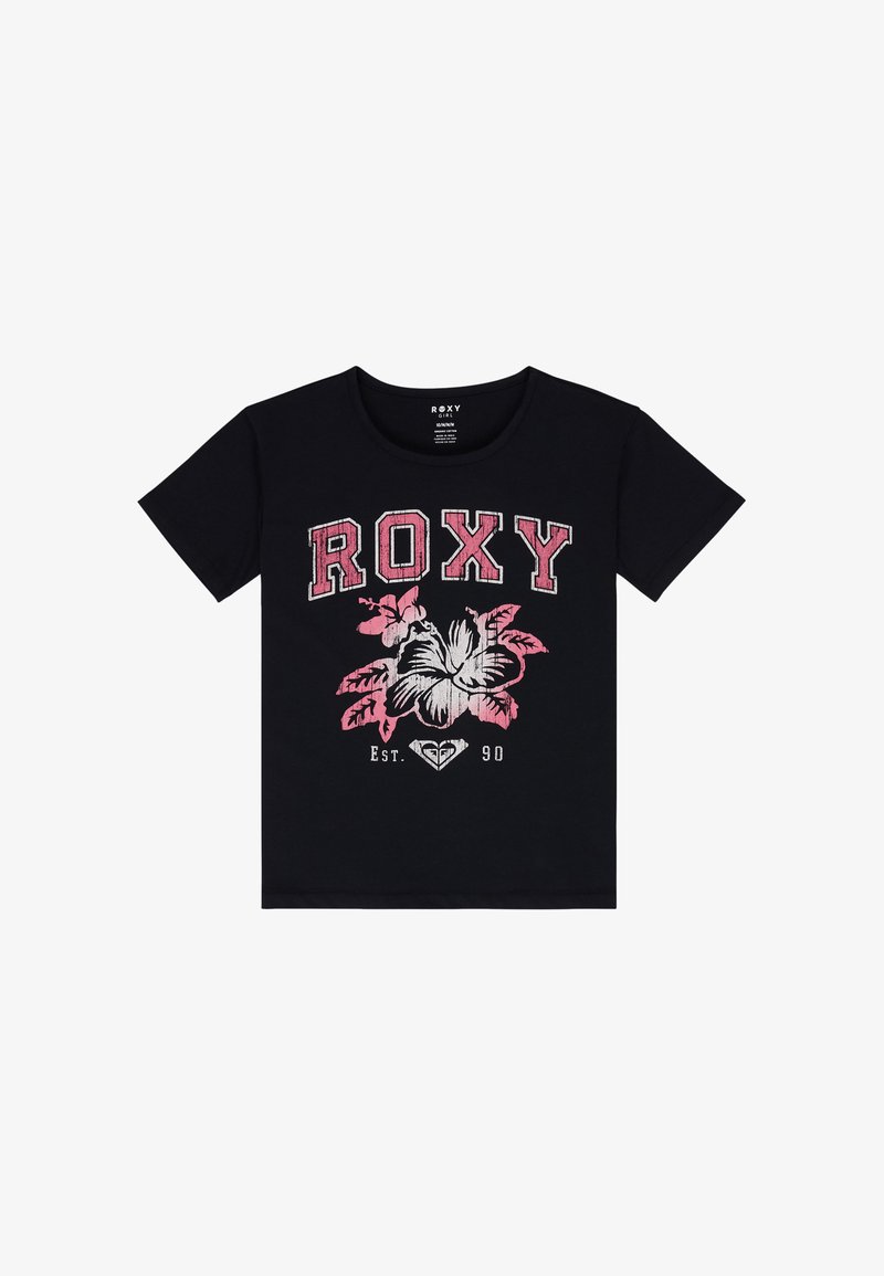 Schwarzes T-Shirt mit dem Schriftzug "ROXY" in fetter pinker Schrift, einer Hibiskus-Grafik und "Est. 90" darunter, vor einem schlichten weißen Hintergrund.