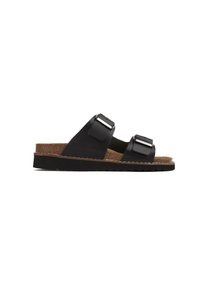 Black slide sandals featuring two adjustable straps with metallic buckles, a cork footbed, and a textured rubber outsole.