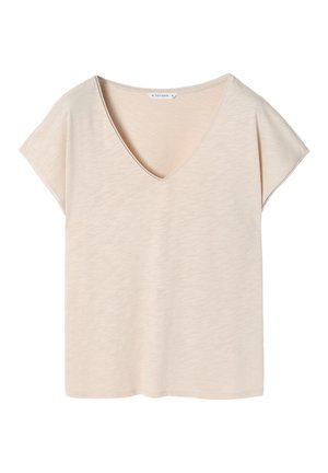 Helle beige V-Ausschnitt-T-Shirt mit kurzen Ärmeln, aus einem weichen, strukturierten Stoff gefertigt. Verfügt über eine lockere Passform und einen sauberen, geraden Saum.