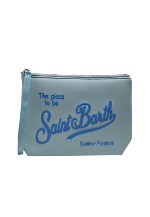 Bustina azzurra con zip con la scritta "The place to be Saint Barth Summer Paradise" in lettere blu scuro sul davanti.