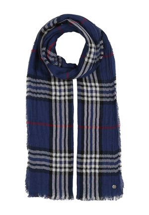Navy blue scarf with white, black, and red plaid pattern, lightweight fabric, and frayed edges, folded in a loop.
