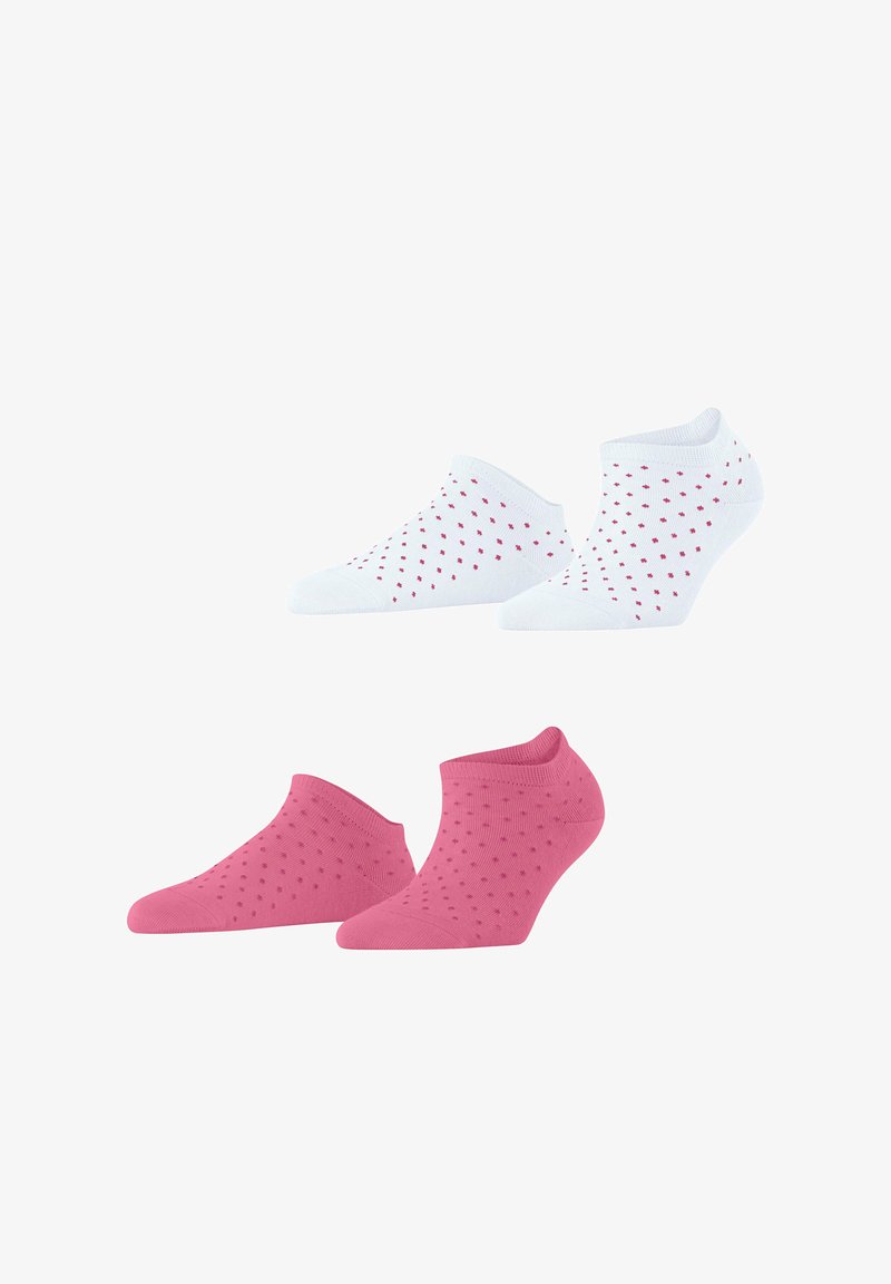 Deux paires de chaussettes courtes, une blanche à petits pois roses et une rose unie avec des motifs discrets de pois, présentées sur un fond blanc.