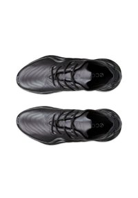 Black athletic shoes with a sleek design, made of smooth material; features textured panels, laces, and a logo on the insole.