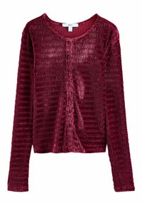 Burgunderfarbener Samt-Cardigan mit langen Ärmeln, strukturiertem Stoff, Knopfverschluss vorne und gerippten Details. Runde Halslinie und enganliegende Ärmel.