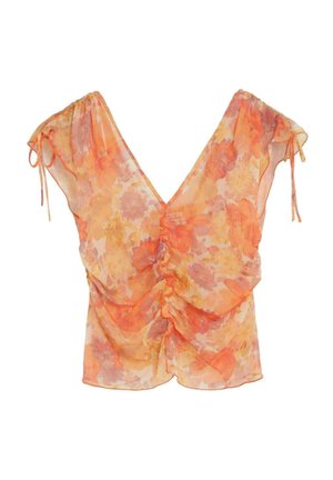 Sheer orange floral blouse with gathered center, short sleeves with ties, and a deep V-neckline.