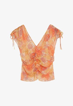 Transparente orange Bluse mit Blumenmuster, gerafftem Mittelteil, kurzen Ärmeln mit Bändern und tiefem V-Ausschnitt.
