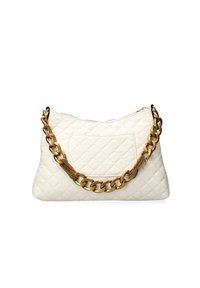 Borsa bianca trapuntata con tracolla in catena dorata e inserto in rete metallica. Presenta una tasca frontale e chiusura con zip. Texture liscia.