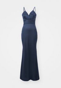 Navy blue satynowa sukienka wieczorowa z dekoltem w kształcie V, cienkimi regulowanymi ramiączkami, dopasowaną górą i prostą, długości do podłogi spódnicą. Gładka faktura.