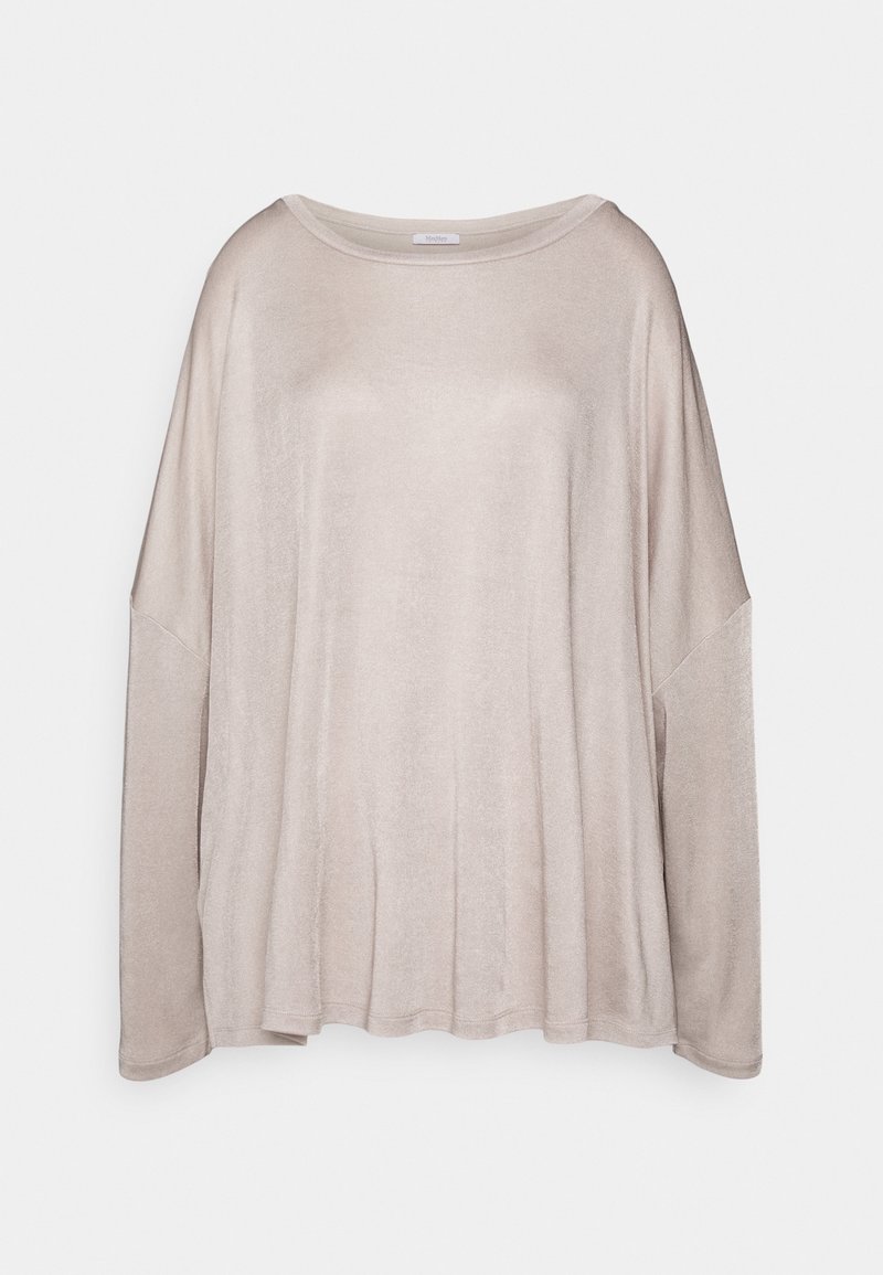 Světle béžový dlouhý rukáv, volný střih s širokým výstřihem a spadlými rameny, vyrobený z měkké, lehké tkaniny s mírně texturovaným povrchem.