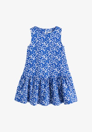 Sinine varrukateta kleit, millel on valgete margarettide lillemuster; volangidega kogutud äär; pehme kangas; ümar kaelus ja seljal tõmblukk.