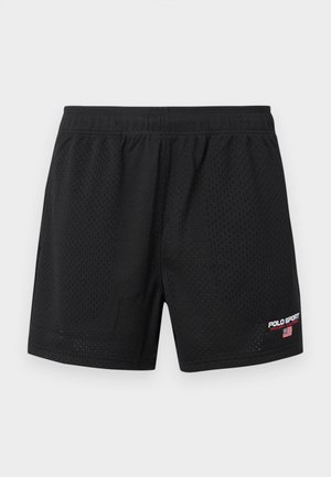 Czarne sportowe szorty z siateczki z elastycznym paskiem oraz logo Polo Sport Ralph Lauren z flagą amerykańską na dolnej prawej nogawce.