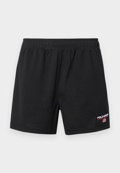 Μαύρα αθλητικά σορτς από διχτυωτό ύφασμα με ελαστική μέση και λογότυπο Polo Sport Ralph Lauren με αμερικανική σημαία στο κάτω δεξί πόδι.