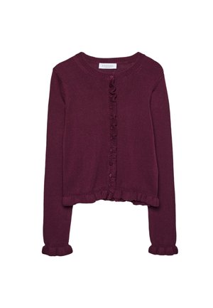 Burgundy neulecardigan, jossa on pitkät hihat, pyöreä kaula-aukko, napitettu etuosa sekä röyhelöreunat helmassa ja hihoissa lisäyksityiskohtina.