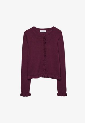 Burgunderfarbener Strickcardigan mit langen Ärmeln, rundem Ausschnitt, Knopfverschluss vorne sowie Rüschenbesatz am Saum und an den Ärmelenden für zusätzliche Details.