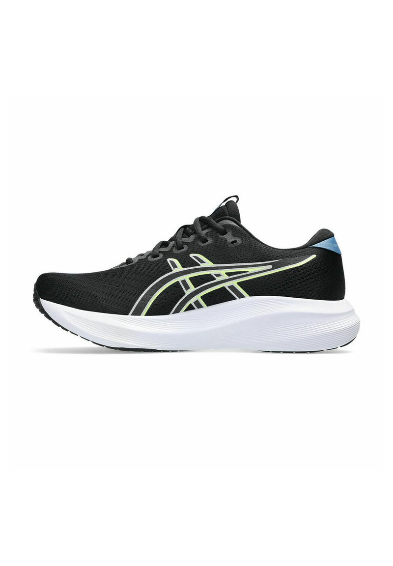 Chaussure de course noire avec semelle blanche, accents vert néon et gris, et languette bleue à l'arrière, présentée en profil latéral sur fond blanc.