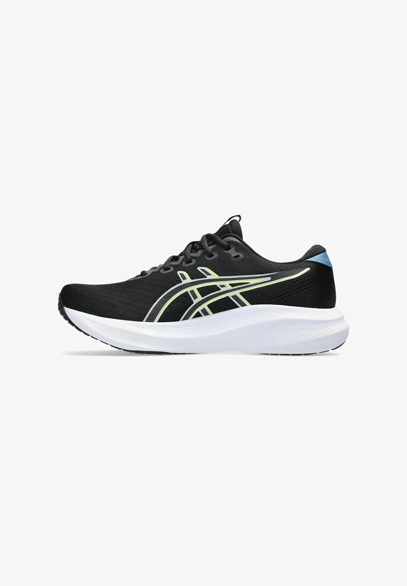 Chaussure de course noire avec semelle blanche, accents vert néon et gris, et languette bleue à l'arrière, présentée en profil latéral sur fond blanc.