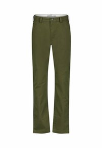 Pantalones de algodón verde oliva con un diseño de pierna recta, que presentan un cierre de botón y costuras estándar a lo largo de los dobladillos.