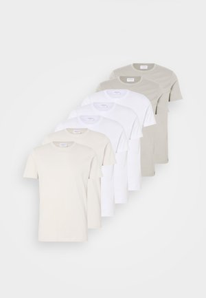 Set of six cotton t-shirts in white, beige, and light grey. Classic round neck, short sleeves, slightly relaxed fit, label at neck.