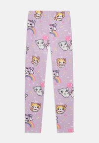 Purple leggings featuring a playful cat print, with colorful patterns including hearts, rainbows, and stars. Made of stretchy fabric.
