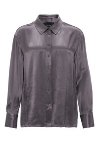Langarmshirt in een rijke grijze kleur, gemaakt van een gladde, glanzende stof. Bevat een klassieke kraag en een knoopsluiting aan de voorkant, met manchet aan de mouwen.