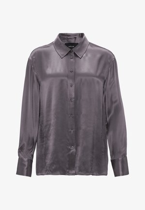 Langarmhemd in einem satten Grau, aus glattem, glänzendem Stoff gefertigt. Verfügt über einen klassischen Kragen und eine durchgehende Knopfleiste, mit Manschetten an den Ärmeln.