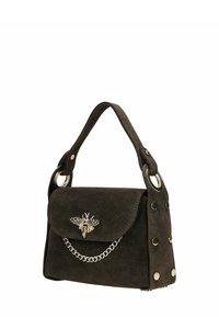 Brown suede handbag with a flap closure, bee embellishment, silver chain detail, and round hardware accents on the side.