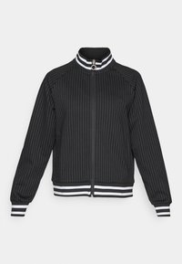 Černá bomber bunda s vertikálními bílými pruhy, přední zip, žebrovaný límec a manžety s bílými akcenty, hladká tkanina, neformální design.
