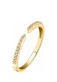 Anello regolabile color oro con un design a doppio strato, caratterizzato da una fila di gemme trasparenti e rotonde che brillano su un lato. Finitura liscia e lucida.