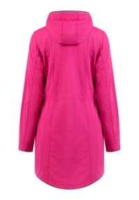Rosa vattentät jacka med huva, lång ärm, cinchad midja och förlängt bakstycke för extra täckning.